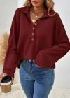 Kadın Uzun Kollu Yakalı Düğmeli Salaş Waffle Bluz