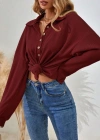 Kadın Uzun Kollu Yakalı Düğmeli Salaş Waffle Bluz