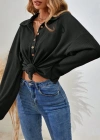 Kadın Uzun Kollu Yakalı Düğmeli Salaş Waffle Bluz