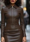 Kadın Uzun Kollu Yakalı Fermuarlı Mini Deri Elbise