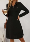 Kadın Uzun Kollu Yakalı Fermuarlı Ve Cepli Kısa Ithal Krep Kısa Elbise