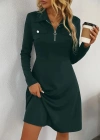Kadın Uzun Kollu Yakalı Fermuarlı Ve Cepli Kısa Ithal Krep Kısa Elbise