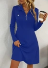 Kadın Uzun Kollu Yakalı Fermuarlı Ve Cepli Kısa Ithal Krep Kısa Elbise