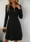 Kadın Uzun Kollu Yakalı Fermuarlı Ve Cepli Kısa Ithal Krep Kısa Elbise