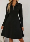 Kadın Uzun Kollu Yakalı Fermuarlı Ve Cepli Kısa Ithal Krep Kısa Elbise