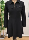 Kadın Uzun Kollu Yakalı Fermuarlı Ve Cepli Kısa Ithal Krep Kısa Elbise