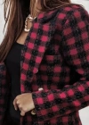 Kadın Uzun Kollu Yakalı Kare Desenli Ekoseli Düğmeli Ceket