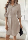 Kadın Uzun Kollu Yakalı önden Düğmeli Beli Kuşaklı Mini Ithal Keten Elbise