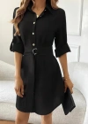 Kadın Uzun Kollu Yakalı önden Düğmeli Beli Kuşaklı Mini Ithal Keten Elbise