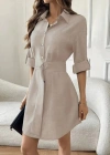 Kadın Uzun Kollu Yakalı önden Düğmeli Beli Kuşaklı Mini Ithal Keten Elbise