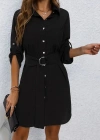 Kadın Uzun Kollu Yakalı önden Düğmeli Beli Kuşaklı Mini Ithal Keten Elbise