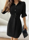 Kadın Uzun Kollu Yakalı önden Düğmeli Beli Kuşaklı Mini Ithal Keten Elbise