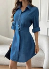 Kadın Uzun Kollu Yakalı önden Düğmeli Beli Kuşaklı Mini Ithal Keten Elbise