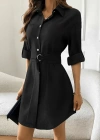 Kadın Uzun Kollu Yakalı önden Düğmeli Beli Kuşaklı Mini Ithal Keten Elbise