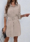 Kadın Uzun Kollu Yakalı önden Düğmeli Beli Kuşaklı Mini Ithal Keten Elbise