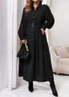 Kadın Uzun Kollu Yakalı önden Düğmeli Beli Metal Kemerli Dokuma Maksi Elbise
