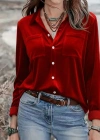 Kadın Uzun Kollu Yakalı önden Düğmeli Cep Detaylı Kadife Gömlek