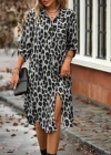 Kadın Uzun Kollu Yakalı önden Düğmeli Leopar Desenli Modal Midi Elbise