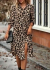 Kadın Uzun Kollu Yakalı önden Düğmeli Leopar Desenli Modal Midi Elbise