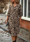 Kadın Uzun Kollu Yakalı önden Düğmeli Leopar Desenli Modal Midi Elbise