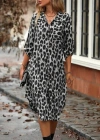 Kadın Uzun Kollu Yakalı önden Düğmeli Leopar Desenli Modal Midi Elbise