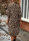 Kadın Uzun Kollu Yakalı önden Düğmeli Leopar Desenli Modal Midi Elbise