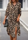 Kadın Uzun Kollu Yakalı önden Düğmeli Leopar Desenli Modal Midi Elbise