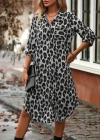 Kadın Uzun Kollu Yakalı önden Düğmeli Leopar Desenli Modal Midi Elbise