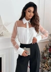 Kadın Uzun Kollu Yakalı önden Düğmeli Tül Detaylı Dokuma Viskon Bluz