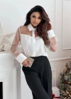 Kadın Uzun Kollu Yakalı önden Düğmeli Tül Detaylı Dokuma Viskon Bluz