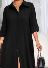 Kadın Uzun Kollu Yakalı önden Düğmeli Uzun Dokuma Elbise