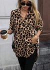 Kadın Uzun Kollu Yakalı önden Düğmeli Yandan Bağcıklı Leopar Desenli Modal Bluz