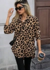 Kadın Uzun Kollu Yakalı önden Düğmeli Yandan Bağcıklı Leopar Desenli Modal Bluz