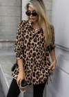 Kadın Uzun Kollu Yakalı önden Düğmeli Yandan Bağcıklı Leopar Desenli Modal Bluz