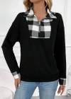 Kadın Uzun Kollu Yakalı önden Fermuarlı Ekose Detaylı Viskon Iki Iplik Bluz
