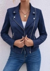 Kadın Uzun Kollu Yakalı önden Fermuarlı Kısa Süet Ceket