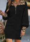 Kadın Uzun Kollu Yakalı önden Fermuarlı Leopar Detaylı Mini Peluş Elbise