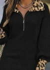 Kadın Uzun Kollu Yakalı önden Fermuarlı Leopar Detaylı Mini Peluş Elbise