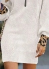 Kadın Uzun Kollu Yakalı önden Fermuarlı Leopar Detaylı Mini Peluş Elbise