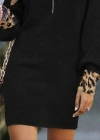 Kadın Uzun Kollu Yakalı önden Fermuarlı Leopar Detaylı Mini Peluş Elbise