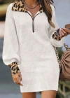 Kadın Uzun Kollu Yakalı önden Fermuarlı Leopar Detaylı Mini Peluş Elbise