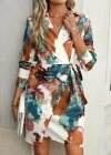 Kadın Uzun Kollu Yakalı Yandan Bağlamalı Mini Desenli Modal Elbise