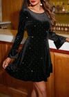 Kadın Uzun Kollu Yakası Açık Fırfırlı Taşlı Mini Kadife Elbise