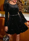 Kadın Uzun Kollu Yakası Açık Fırfırlı Taşlı Mini Kadife Elbise