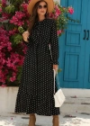 Kadın Uzun Kollu Yakası Bağcıklı Uzun Puantiyeli Krep Maxi Elbise