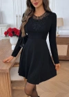 Kadın Uzun Kollu Yakası Dantelli Mini Ithal Krep Elbise