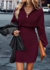 Kadın Uzun Kollu Yakası Fermuarlı Mini Triko Elbise