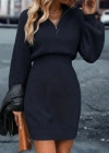 Kadın Uzun Kollu Yakası Fermuarlı Mini Triko Elbise