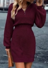 Kadın Uzun Kollu Yakası Fermuarlı Mini Triko Elbise