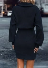 Kadın Uzun Kollu Yakası Fermuarlı Mini Triko Elbise